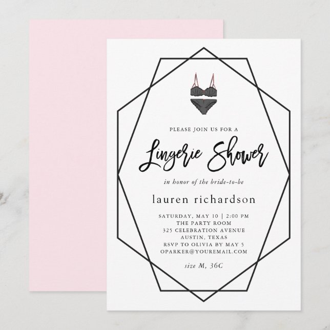 Invitation Géométrique blanche et rose | Douche Lingerie (Devant / Derrière)