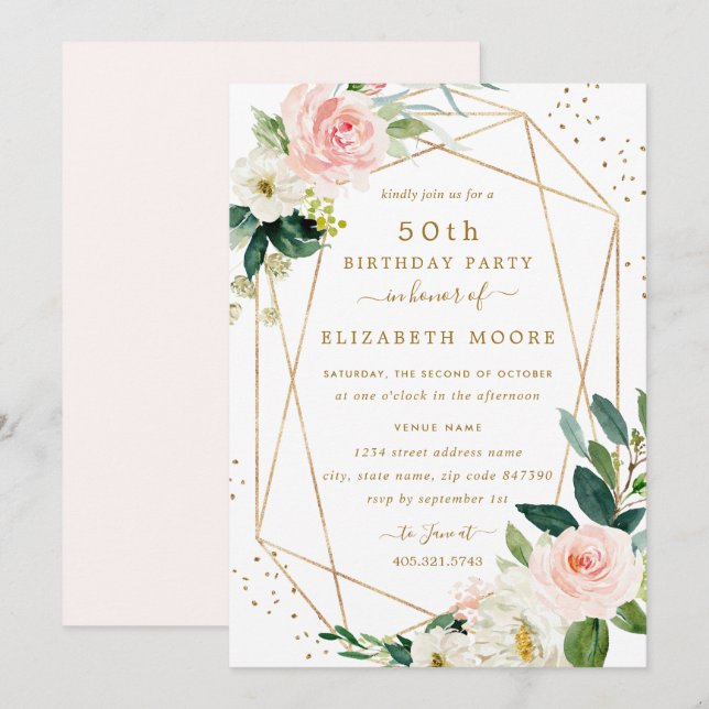 Invitation géométrique Blush Gold Floral 50e anniv (Devant / Derrière)