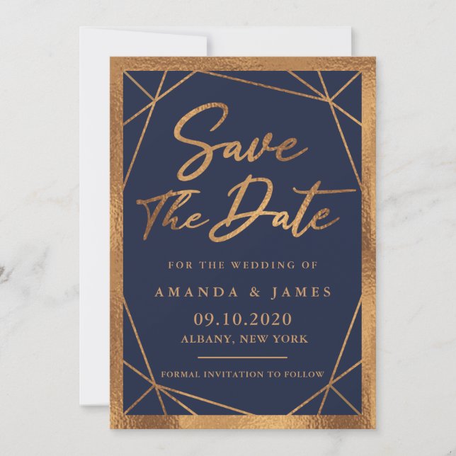 Invitation Géométrique Cooper Gold Et Navy Blue Enregistrer L (Devant)