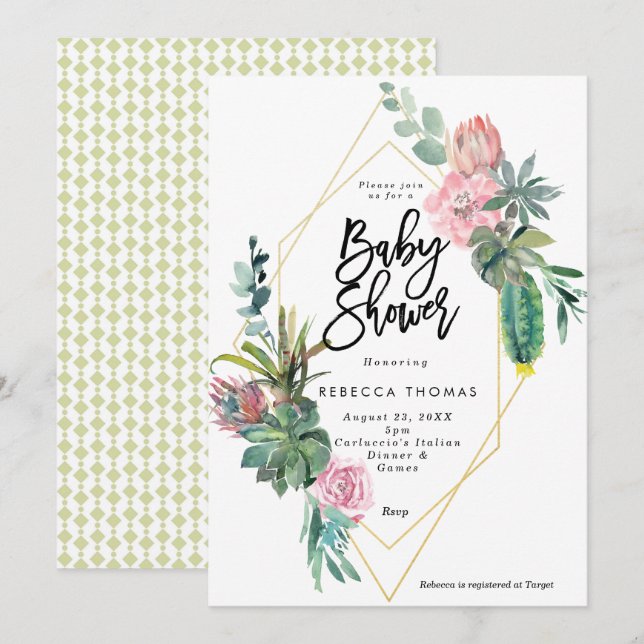 invitation géométrique de baby shower de cactus (Devant / Derrière)