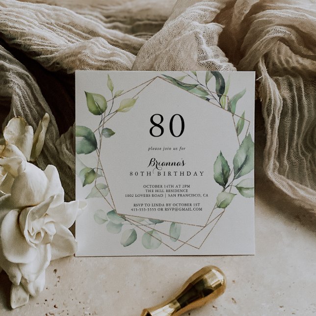 Invitation Géométrique Elegant Gold Green 80e fête d'annivers (Créateur téléchargé)