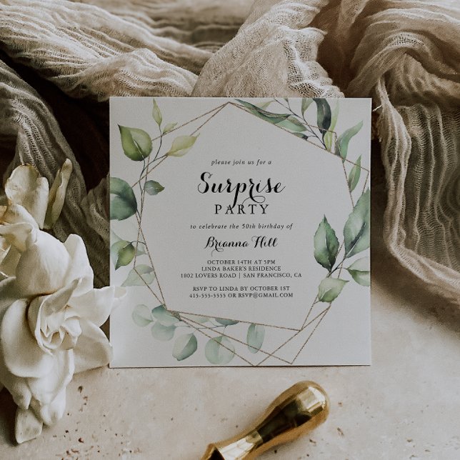 Invitation Géométrique Elegant Gold Green Surprise Party (Créateur téléchargé)