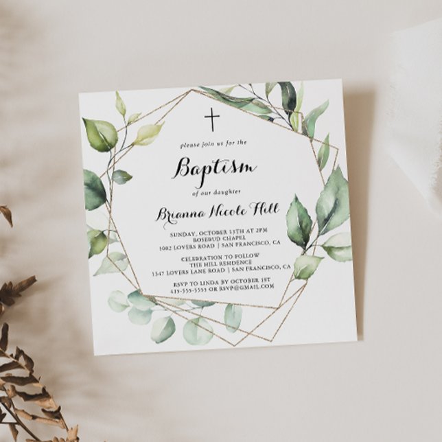 Invitation Géométrique Élégante Verdure Or Baptême (Créateur téléchargé)