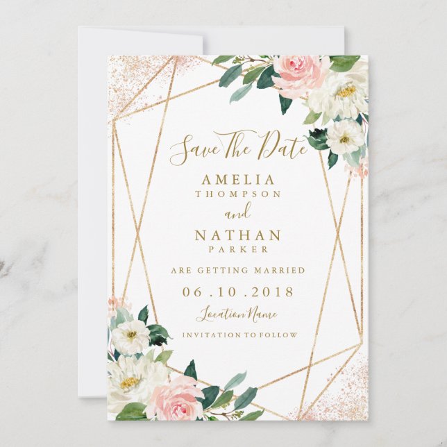 Invitation Géométrique Floral Blush Gold Wedding Enregistrer  (Devant)
