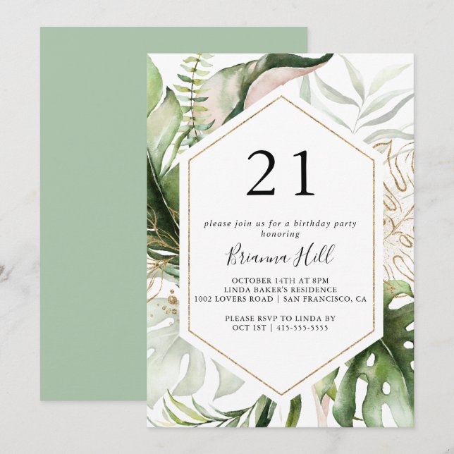 Invitation Géométrique Gold Tropical Green 21e fête d'anniver (Devant / Derrière)