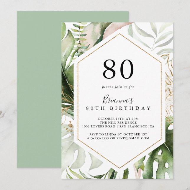 Invitation Géométrique Gold Tropical Green 80e fête d'anniver (Devant / Derrière)