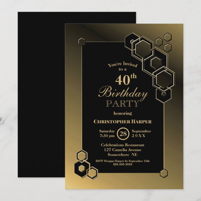 Invitation Géométrique Noir et Or 40e fête d'anniversaire (Devant / Derrière)