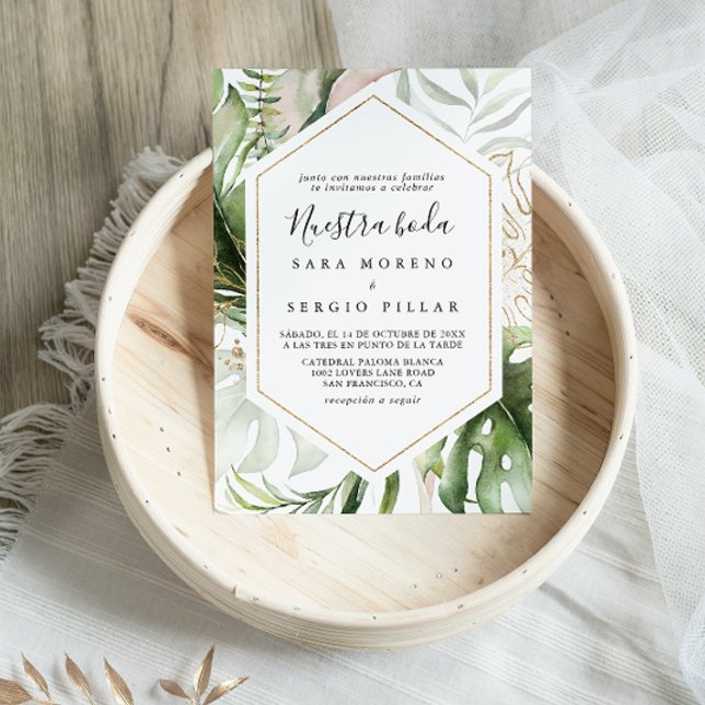 Invitation Géométrique Or Tropical Vert Nuestra Boda Mariage (Créateur téléchargé)