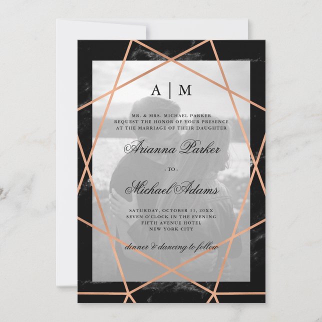 Invitation Géométrique rose Gold | Marbre noir | Mariage phot (Devant)
