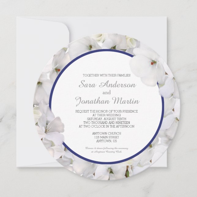 Invitation Géranium blanc et Mariage bleu Accent rond (Devant)