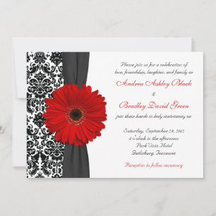 Invitation Gerber Daisy Red Black White Mariage damassé