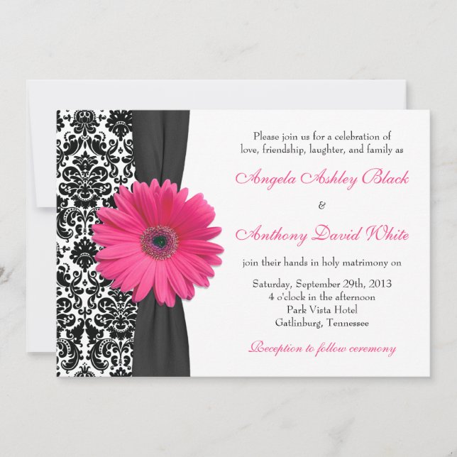 Invitation Gerber Daisy rose noir blanc Mariage damassé (Devant)