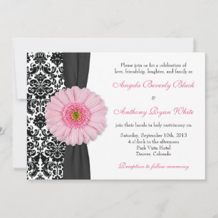 Invitation Gerber Daisy rose pâle noir blanc Mariage damassé