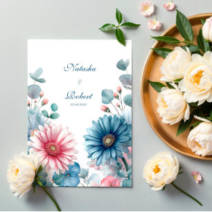 Invitation Gérbera marguerite élégant bleu poussiéreux rose e