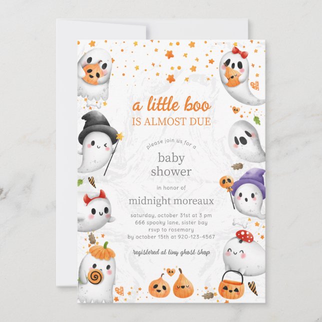 Invitation Ghost Little Boo Baby shower Halloween (Devant)