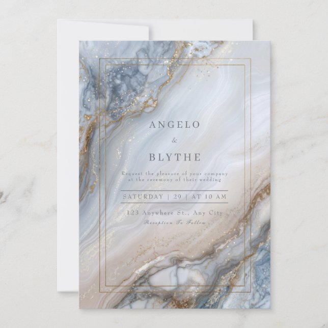 Invitation Gilded Blue Marble Agate Swirl Wedding (Devant)
