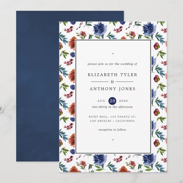 Invitation Gingembre et marine Aquarelle Mariage floral (Devant / Derrière)