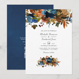Invitation Gingembre et marine Floral QR Code RSVP Mariage