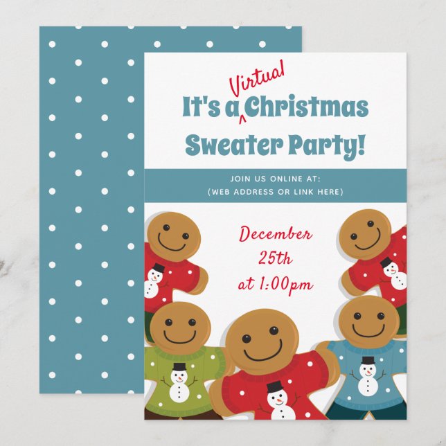 Invitation Gingerbread Homme Sweat Bleu Noël virtuel (Devant / Derrière)