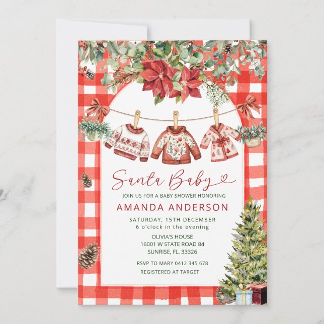 Invitation Gingham Baby Christmas Clotheslin Baby Shower (Devant)