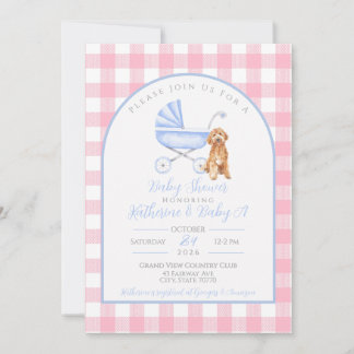 Invitation Gingham Baby Shower Fille Chien Mignon