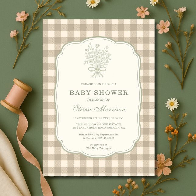 Invitation Gingham Beige Ivory Floral Bow Baby Shower (Créateur téléchargé)