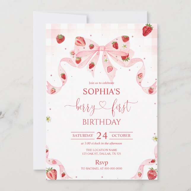 Invitation Gingham Berry First Birthday 1st Birthday (Devant)