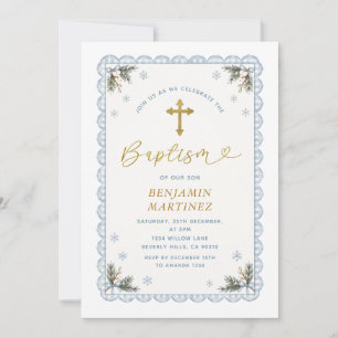 Invitation Gingham Bleu à Ruban Hiver Baptême Croix Dorée Flo