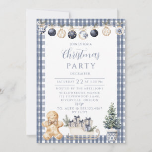 Invitation Gingham Bleu de Noël au Pain d'Épices