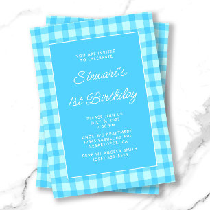 Invitation Gingham Bleu Ondulé d'Été 1er Anniversaire Gras