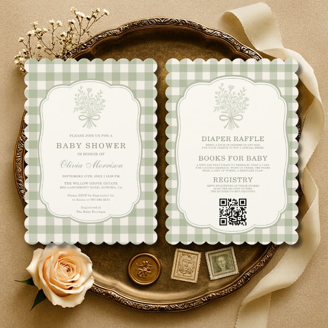 Invitation Gingham Floral Bow All in One Baby Shower (Créateur téléchargé)