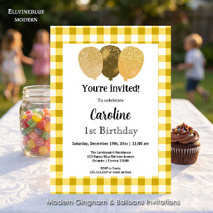 Invitation Gingham Jaune, Ballons de Fête 1er Anniversaire