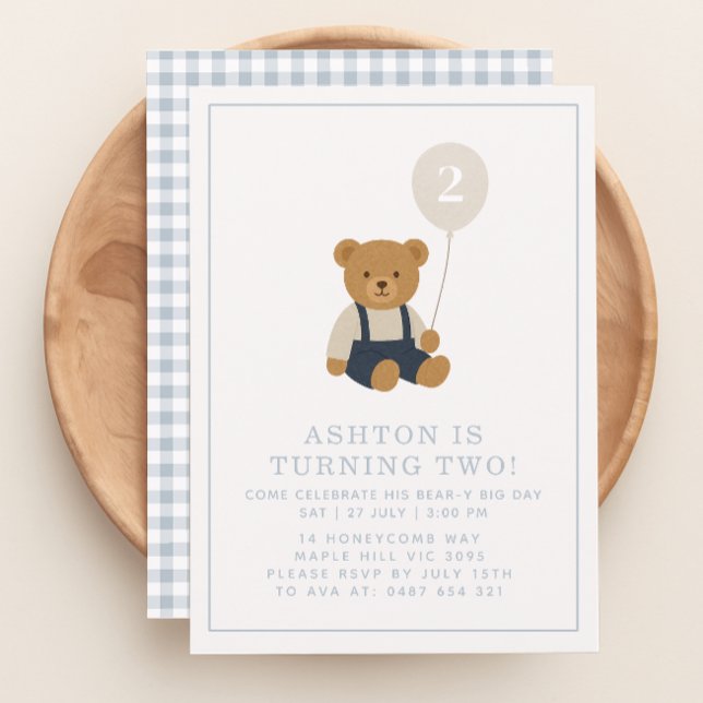 Invitation Gingham, little teddy bear birthday  (Créateur téléchargé)