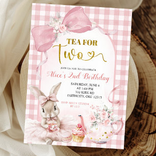 Invitation Gingham Rouge Floral Bow Lapin Thé Party