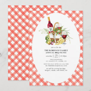 Invitation Gingham Rouge Rustique Monogramme BBQ Pique-Nique