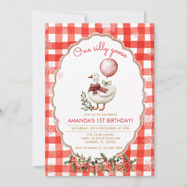 Invitation Gingham Silly Goose 1st Birthday Winter Christmas  (Devant)