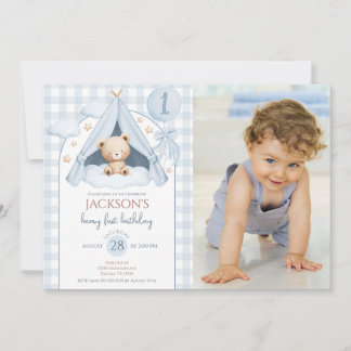 Invitation Gingham Teddy Bear Balloon Photo Boy 1st Birthday