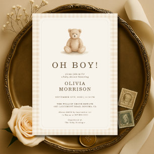 Invitation Gingham Teddy Bear Oh Boy Fête de Naissance Neutre