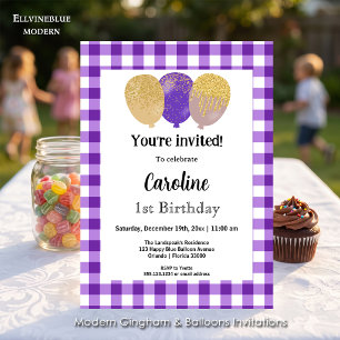 Invitation Gingham Violet, Ballons de Fête 1er Anniversaire