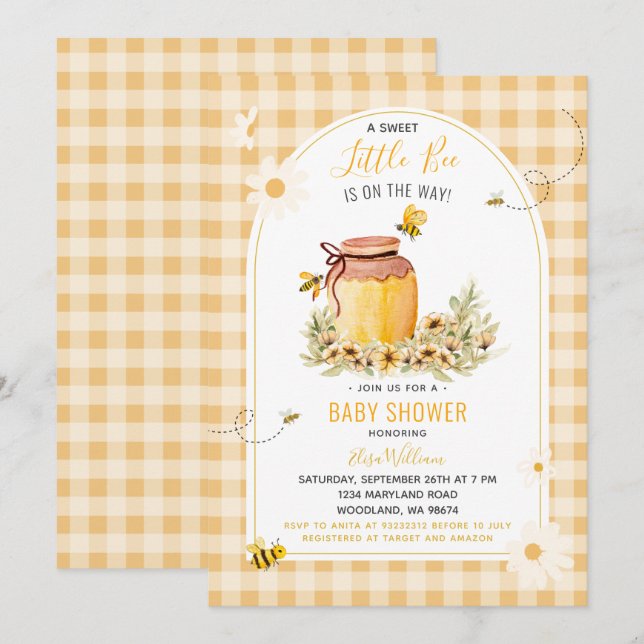 Invitation GinghamSweet Little Bee est sur le chemin Baby sho (Devant / Derrière)