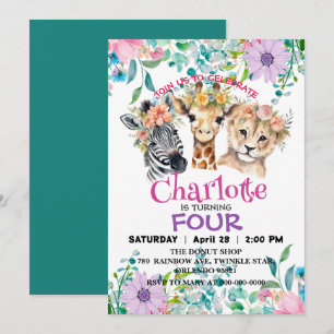 Invitation Girafe Cute jungle Lion Animaux Anniversaire Flora