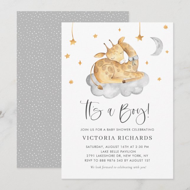 Invitation Girafe dormant Gray C'est un Baby shower garçon (Devant / Derrière)