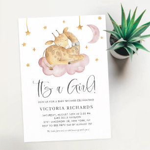 Invitation Girafe endormie Fille Rose Baby Shower