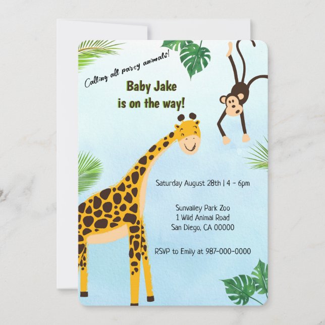 Invitation Girafe et Safari de singe ou Animal de fête de Zoo (Devant)