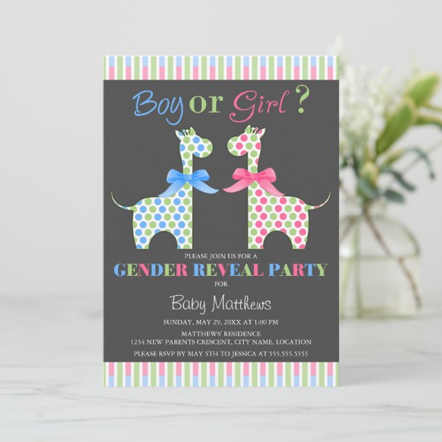 Invitation Girafe garçon ou fille Fête de révélation de genre (Debout devant)