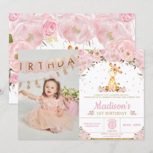 Invitation Girafe génoise de la florale rose photo d'annivers