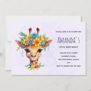 Invitation Girafe Mignonne avec Couronne Florale d'Anniversai