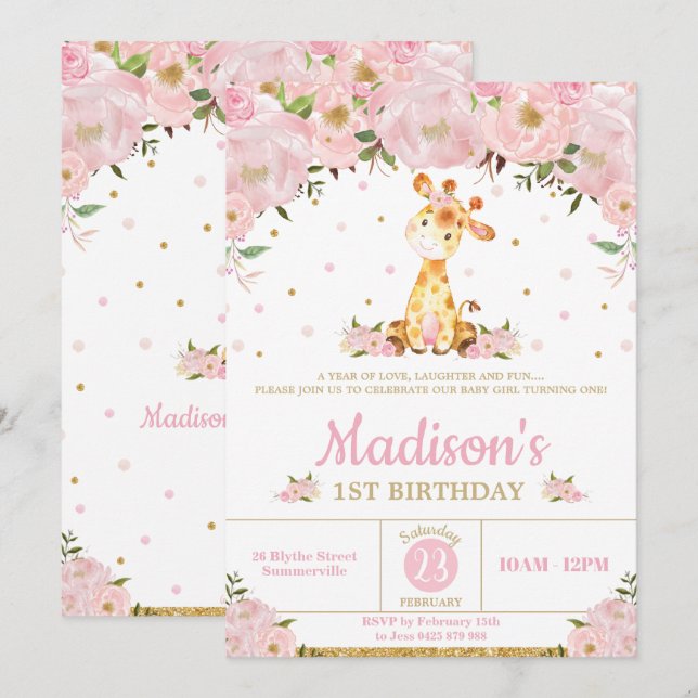 Invitation Girafe rose florale girafe fille fête d'anniversai (Devant / Derrière)