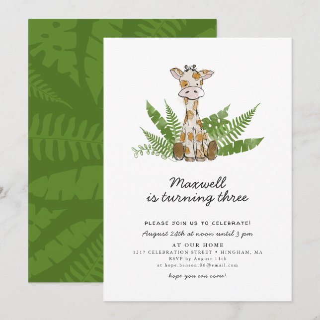 Invitation Girafe Safari mignonne avec Feuilles de la jungle  (Devant / Derrière)