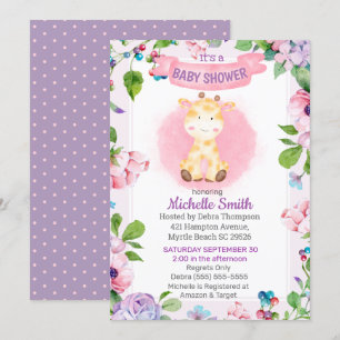 Invitation Girafe violet rose mignonne Baby shower Floral